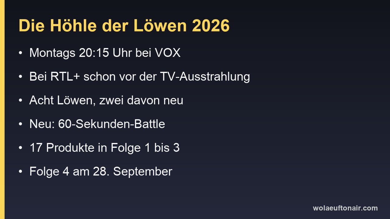 Infokarte mit Sendeplatz, Löwen und Produktzahl der Höhle der Löwen 2026