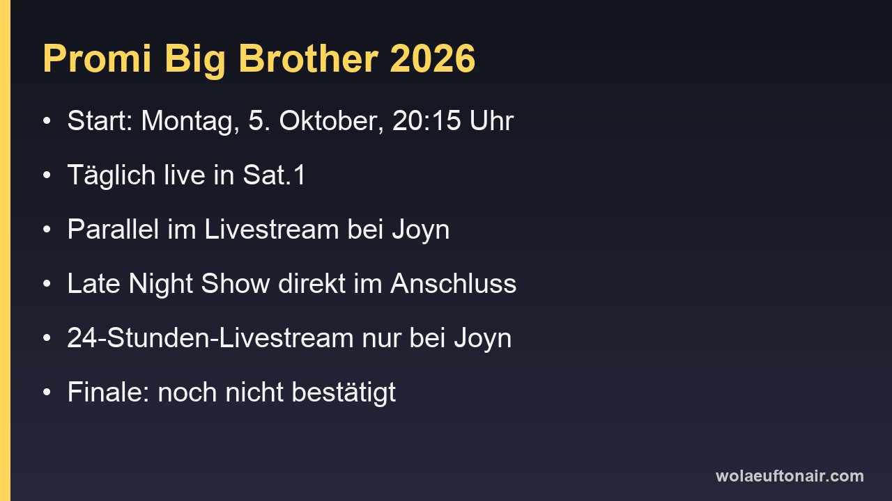 Infokarte mit Start, Sendezeit und Stream-Angeboten von Promi Big Brother 2026