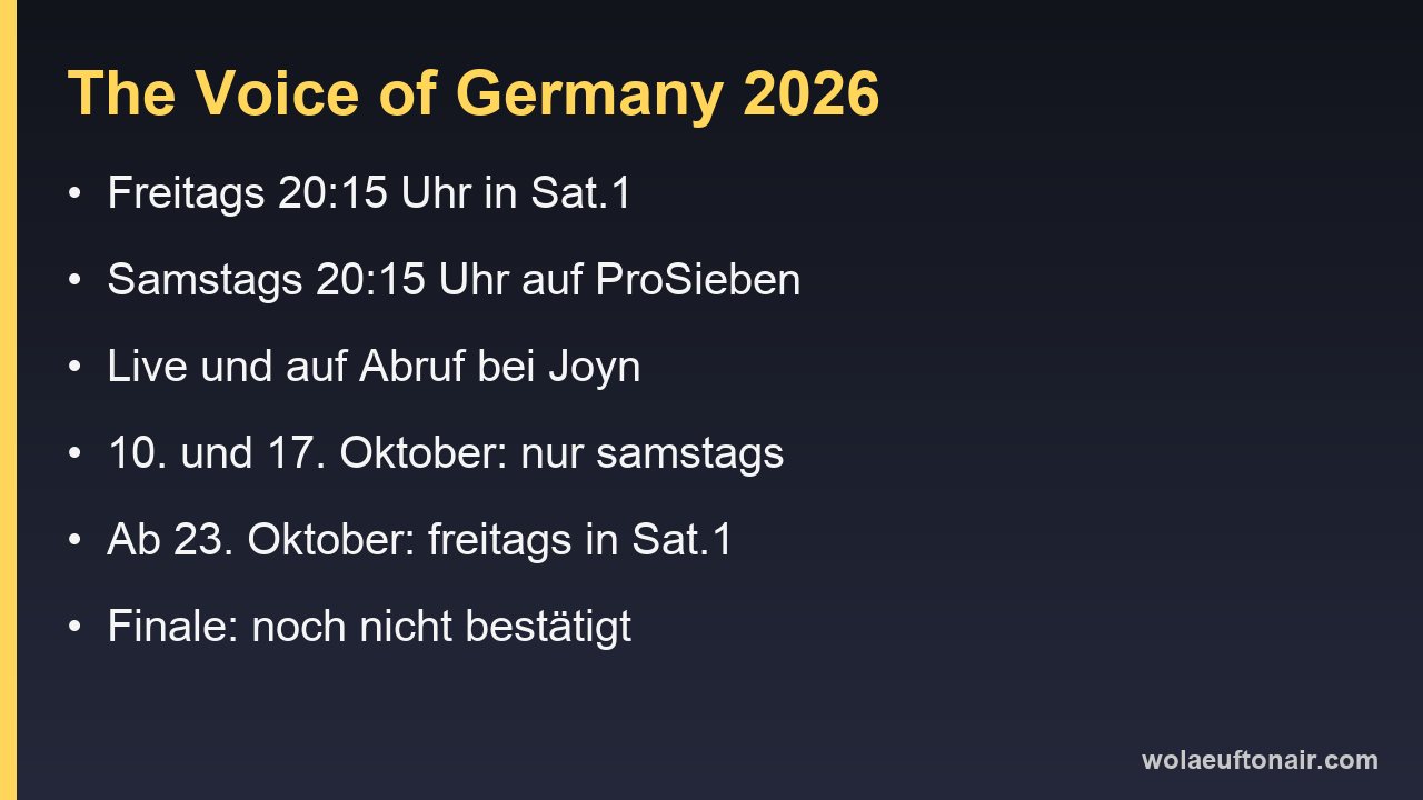 Infokarte mit Sendeplatz, Sendern und Coaches von The Voice of Germany 2026
